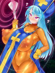  bangs blue_hair blush bodysuit breasts cameltoe character_request confused crossed_eyes dazed erect_nipples erect_nipples_under_clothes expressionless female_only femsub gloves hat hisui_(stapspats) huge_breasts latex long_hair multicolored_eyes nun orange_eyes pink_eyes rubber sage_(dragon_quest_iii) solo spiral spiral_eyes standing sweat symbol_in_eyes thick_thighs tight_clothing very_long_hair wet wet_clothes wide_hips 