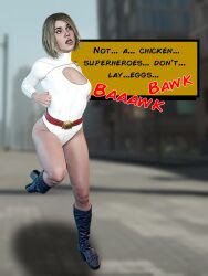  3d chicken_pose cleavage_cutout dc_comics pet_play power_girl saltygauntlet text tongue_out 