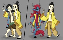 before_and_after black_hair blue_eyes blue_skin corruption dragon dragon_boy hair_growth horns long_hair male_only maledom malesub mr.h necklace non-human_feet original penis red_hair slit_pupils tail tail_growth transformation western