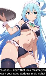 ai_art aqua_(konosuba) blue_hair censored empty_eyes femsub happy_trance kono_subarashii_sekai_ni_shukufuku_wo! large_breasts maid maid_headdress swimsuit text