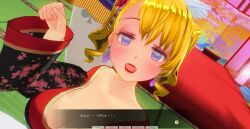 3d blonde_hair blue_eyes breasts curly_hair dialogue female_only femdom femsub happy_trance japanese_clothing kamen_writer_mc kimono large_breasts mc_trap_town multiple_girls screenshot spiral_eyes symbol_in_eyes text translation_request twintails