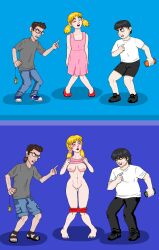 absurdres barefoot before_and_after black_hair blonde_hair blush bottomless breasts brown_hair cell_phone collarbone dress drool feet femsub glasses jeans knees_together light_skin loli mspainter multiple_doms navel open_clothes open_mouth pendulum pocket_watch pussy pussy_juice sandals shirt shoes shorts shota simple_background sneakers standing standing_at_attention symbol_in_eyes tech_control topless undressing 