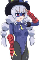  absurdres alternate_costume amane_kasai arm_bands bracers breasts capcom crossover delicious_party_precure drill_hair empty_eyes enemy_conversion expressionless eye_mask female_only femsub gentle_(precure) hat leotard long_hair mask pantyhose precure saluting shadaloo_dolls skymidaisuki small_breasts solo standing standing_at_attention straight-cut_bangs street_fighter tie top_hat twin_braids twintails white_background white_hair 