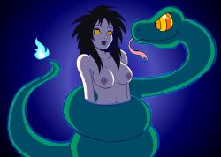 black_hair coils extreme_ghostbusters femsub ghost ghostbusters goth hypnotic_eyes kaa_eyes kylie_griffin nipples open_mouth p.chronos pale_skin snake topless 