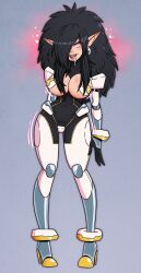 black_hair breasts breasts_outside clothed drool elf elf_ears female_only femsub freckles hair_covering_one_eye heart heart_eyes high_heels long_hair original pink_eyes solo symbol_in_eyes wrenzephyr2