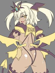  ahoge alternate_color_scheme alternate_costume alternate_hair_color ass bangs blonde_hair boots breasts clothed_exposure female_only femsub flare_(ts_mahou_shoujo_nao!) frills gloves grey_background hair_ornament jewelry k25_yuki looking_at_viewer looking_back miniskirt opera_gloves sexually_suggestive short_hair simple_background skirt slave_gear_(ts_mahou_shoujo_nao!) sling_bikini smile solo standing tail tan_skin thigh_boots thighhighs ts_mahou_shoujo_nao! twintails yellow_eyes 