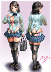  absurdres after_sex altered_common_sense ass black_hair blush breasts cleavage condom condom_accessories embarrassed female_only femsub green_eyes huge_ass huge_breasts kasugano_tobari lingerie navel original school_uniform short_hair short_skirt simple_background skirt solo thighhighs thong torn_clothes unaware used_condom watermark 