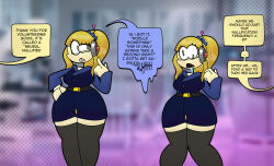  antenna before_and_after blonde_hair brain_drain clothed dialogue drool female_only femsub glasses hand_on_hip instant_loss knees_together large_hips long_hair office_lady open_mouth padpixnsfw ponytail speech_bubble standing tagme tech_control text thighhighs unfocused_eyes yellow_eyes 