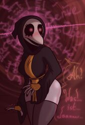  accent bird_girl black_sclera clothed dialogue female_only femsub freemindstuff glowing_eyes gradient_text grey_skin hood instant_loss large_ass large_breasts large_hips magic margaret_kleinn_(vetisxart) pink_eyes plague_doctor robe solo speech_bubble spiral_eyes surprised text thighhighs trembling 