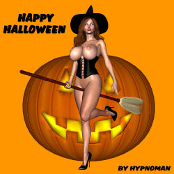  3d breasts brown_hair collarbone cosplay earrings erect_nipples expressionless femsub halloween hat high_heels huge_breasts hypnoman jewelry long_hair original priscilla_(hypnoman) text thick_thighs topless white_eyes 