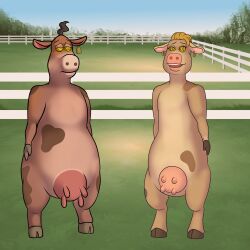  abby_the_cow_(barnyard) animal_ears animals_only back_at_the_barnyard bessy_the_cow_(barnyard) blonde_hair cow_girl ear_tag earrings expressionless female_only furry happy_trance hooves katsiika nickelodeon smile spiral_eyes symbol_in_eyes udders 