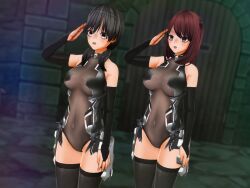  3d baldmen4 bare_shoulders before_and_after black_hair brown_eyes brown_hair collar custom_maid_3d_2 empty_eyes female_only femsub fingerless_gloves gloves large_breasts leotard multiple_girls multiple_subs opera_gloves original saluting see-through standing standing_at_attention thighhighs twintails 