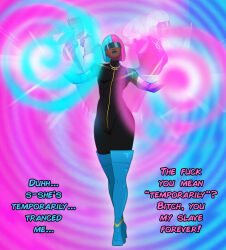 3d blue_hair bodysuit dark_skin dispatch_(game) female_only femdom gloves high_heels humor lipstick manip pink_hair pov prism short_hair sleepyhead97_(manipper) solo spiral super_hero text thigh_boots visor