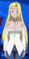  bare_shoulders blonde_hair blood body_control breasts cleavage collarbone exposed_chest green_eyes happy_trance huge_breasts large_breasts lobotomy manip mind_break open_shirt piscalat_(idaten) scar screenshot shiny_skin smile stitches surgery the_idaten_deities_know_only_peace 