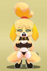animal_crossing breasts cleavage dog_girl dongitos-too femsub furry happy_trance high_heels isabelle_(animal_crossing) kaa_eyes large_breasts nintendo open_mouth short_hair solo spiral_eyes squatting symbol_in_eyes tongue tongue_out