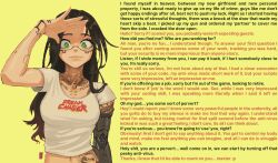  assertive_sub black_hair breasts character_request consensual cyberpunk_(series) cyberpunk_2077 devilsubconscious_(manipper) edpan femsub jewelry long_hair looking_at_viewer manip mind_hack navel necklace pov pov_dom shirt smile t-shirt tattoo tech_control text wholesome 