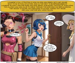 ai_art blonde_hair blue_hair brown_hair devianbar dialogue empty_eyes femsub kidd_summers lana_(pokemon) large_breasts lillie_(pokemon) nintendo pokemon pokemon:_lucario_and_the_mystery_of_mew team_hypno team_rocket text