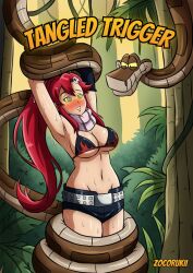  arms_above_head black_eyes blush breasts coils cover disney english_text femsub fingerless_gloves gloves gurren_lagann hypnotic_eyes jungle kaa kaa_eyes long_hair maledom midriff navel outdoors red_hair restrained smile snake sweat tagme text the_jungle_book thighs yellow_sclera yoko_littner zocorukii 