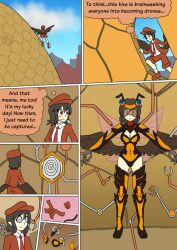  aya_shameimaru bee_girl brown_hair cleavage comic consensual drone dronification empty_eyes female_only femsub happy_trance mythkaz short_hair solo spiral_eyes text tight_clothing touhou undressing wings 
