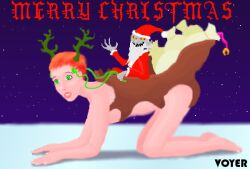  bottomless christmas femsub green_eyes hat kneeling maledom nude original red_hair santa_claus santa_costume santa_hat sketch tech_control text topless voyer 