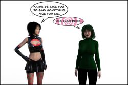 3d black_hair dialogue female_only femsub fishnets kathy_(theheckle) kisstress_(theheckle) latex legs lipstick_mark midriff miniskirt original preview short_skirt skirt spiral_eyes symbol_in_eyes text theheckle