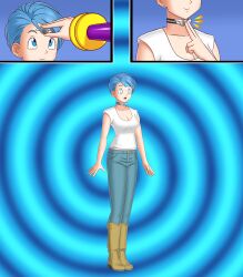 blue_eyes blue_hair bluebullpen boots bulma_briefs choker cleavage comic crossover dragon_ball dragon_ball_super earrings expressionless femdom femsub glowing_eyes jeans kasumi_tendo milf open_mouth ranma_1/2 robotic_trance robotization short_hair small_breasts spiral standing_at_attention story tank_top tech_control transformation unaware