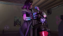  3d animated animated_gif blue_skin breasts clothed dazed female_only femdom femsub large_breasts long_hair open_mouth overwatch seamless sombra_(overwatch) source_filmmaker tech_control widowmaker 