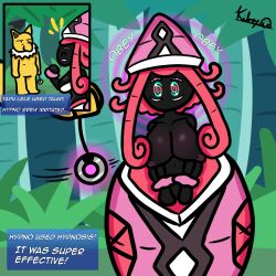  black_skin breasts collarbone femsub gameplay_mechanics glowing huge_breasts hypno hypnotic_accessory kilroylucy18 long_hair nintendo nipples outdoors pendulum pink_hair pokemon pokemon_(creature) pokemon_sun_and_moon signature spiral spiral_eyes tapu_lele text yellow_skin 