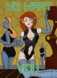blonde_hair disney female_only femdom femsub glowing glowing_eyes green_eyes kim_possible kim_possible_(series) long_hair memetic_control red_hair robot robotization smile text the_bebes transformation western