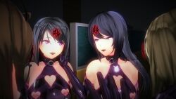  3d bare_shoulders black_hair black_lipstick blue_eyes brown_hair cleavage_cutout collar control_indicator cosplay custom_maid_3d_2 fangs female_only femsub fishnets glasses gloves li_q lipstick long_hair makeup multiple_girls multiple_subs nipple_piercing nipples opera_gloves original piercing purple_eyes short_hair taimanin_(series) 