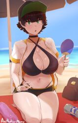  aestheticc-meme alex_(tomboychan) beach bikini black_hair earrings empty_eyes expressionless female_only femsub green_eyes hat large_breasts looking_at_viewer navel open_mouth pale_skin sarahypno_(manipper) short_hair shorts sweat tomboy 
