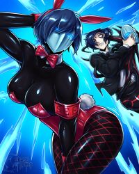  arm_bands ass_expansion bangs bent_over black_skin blue_hair bow_tie breast_expansion breasts bunny_ears bunnysuit cleavage collarbone corruption cuffs enemy_conversion fake_animal_ears fake_tail femsub fishnets glowing_eyes hand_on_head jacket light_skin malesub mask minato_arisato pants pantyhose persona_(series) persona_3 shadow_(persona) shadow_bunny shirt short_hair simple_background spacen&#039;cake standing transformation transgender watermark 