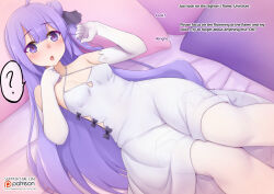 azur_lane blush breasts consensual dress female_only looking_at_viewer lying on_back pov purple_hair solo text unicorn_(azur_lane) vahn_yourdoom very_long_hair