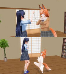  3d animal_ears before_and_after belted_skirt black_hair bottomless bow bow_tie breasts comic custom_maid_3d_2 empty_eyes female_only femdom femsub fox_girl happy_trance long_hair multiple_girls nipples nude open_mouth orange_eyes orange_hair original pendulum pet_play skirt socks spread_legs squatting tail theeasyrider tongue tongue_out topless 