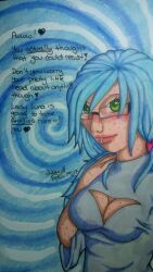blue_hair blush breasts female_only femdom glasses green_eyes looking_at_viewer luna_(lunakiri) lunakiri magic original piercing pov pov_sub spiral text traditional