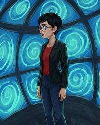 ai_art black_hair carmen_sandiego clothed female_only femsub glasses hypnotic_screen jacket jeans julia_argent_(carmen_sandiego) monitor open_mouth short_hair solo spiral spiral_eyes spiralwash_eyes standing zupern0va_(manipper)