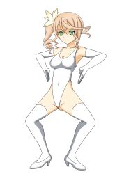 absurdres alisha_(tales_of_zestiria) blonde_hair breasts empty_eyes expressionless female_only femsub gloves green_eyes haigure high_heels large_breasts leotard opera_gloves sanshiki simple_background socks solo tales_of_(series) tales_of_zestiria thighhighs