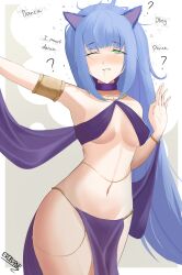 blue_hair bracelet breasts cat_ears cat_girl choker confused dancer dancing drool english_text eroborne female_only femsub green_eyes harem_outfit loincloth midriff navel original resisting signature simple_background solo text thighs underboob very_long_hair