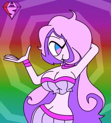  ahoge arms_above_head bracelet cleavage collar dancer eyebrows_visible_through_hair eyelashes femdom gurren_lagann harem_outfit hypnoscream large_breasts looking_at_viewer multicolored_eyes multicolored_hair navel nia_teppelin pink_skin pov_sub simple_background smile solo spiral_background watermark wide_hips 