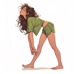 ai_art barefoot brown_hair clothed crop_top dazed feet female_only femsub fortunadoe_(generator) glowing_eyes green_eyes long_hair open_mouth shorts zombie_walk