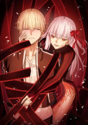 alternate_costume angra_mainyu arms_behind_back artist_request aura blonde_hair blush body_markings bondage clothed corruption embarrassed empty_eyes evil_smile facial_markings fate/stay_night fate/stay_night_heaven&#039;s_feel fate_(series) femsub gilgamesh glowing hair_color_change hand_on_another&#039;s_cheek hypnotized_dom long_hair malesub possession red_eyes ribbon ribbon_bondage sakura_matou short_hair sweat tagme thighs white_hair
