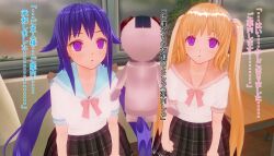  3d blonde_hair bow_tie custom_maid_3d_2 dazed doll female_only femsub japanese_text kaonashi765 multiple_girls multiple_subs purple_eyes purple_hair school_uniform skirt spiral_eyes standing standing_at_attention text twintails uniform 