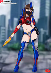  absurdres aurastudio bikini boots brown_hair clothed complex_background costume female_only femsub large_breasts legs long_hair navel optimus_prime outdoors setsuko_ohara spiral_eyes super_robot_wars sword thighhighs thighs transformers weapon 