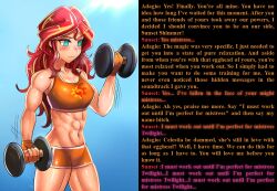  abs adagio_dazzle bare_shoulders bike_shorts blonde_hair blush breasts caption empty_eyes equestria_girls exercise female_only femdom femsub fingerless_gloves flexing gloves glowing glowing_eyes happy_trance iojknmiojknm large_breasts ljublana_(manipper) long_hair manip midriff multicolored_hair muscle_girl my_little_pony navel red_hair smile solo sports_bra sportswear sunset_shimmer sweat text twilight_sparkle weightlifting 