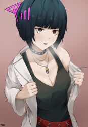  bangs blue_hair breasts breath brown_eyes choker cleavage control_indicator doctor drool empty_eyes eroborne expressionless femsub gameplay_mechanics goth lab_coat necklace persona_(series) persona_5 short_hair simple_background tae_takemi tank_top undressing 