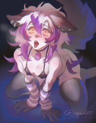 arm_warmers breasts bulge cleavage furry heart_eyes kneeling long_hair multicolored_hair necklace original piercing purple_hair signature spiral_eyes thighhighs tongue tongue_out underwear white_hair yureith