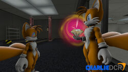 3d bottomless charliedcr fox_boy furry male_only maledom malesub miles_tails_prower nude open_mouth sonic_the_hedgehog_(series) spiral_eyes standing symbol_in_eyes topless