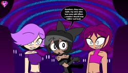  accidental_hypnosis aged_up bare_shoulders black_hair bow choker dark_skin dress english_text eyebrows_visible_through_hair eyelashes femdom freckles happy_trance hypnoscream hypnotic_voice mass_hypnosis multiple_subs murder_drones open_mouth opera_gloves purple_hair ring_background shiny_hair short_hair shrunken_irises simple_background smile speech_bubble standing_at_attention tan_skin tessa_james_elliot white_eyes 