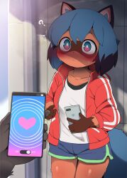 bare_legs blue_hair blush brand_new_animal cell_phone clothed collarbone confused dagasi dark_skin femsub furry gym_uniform heart jacket michiru_kagemori multicolored_eyes phone pov pov_dom sequence short_hair short_shorts shorts standing tanuki_girl thigh_gap