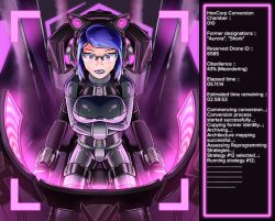  blue_hair bodysuit bondage breasts drone female_only glasses headphones hexcorp_(sleepystephbot) hypnotic_accessory hypnotic_screen latex plasma-dragon resisting restrained tech_control text 